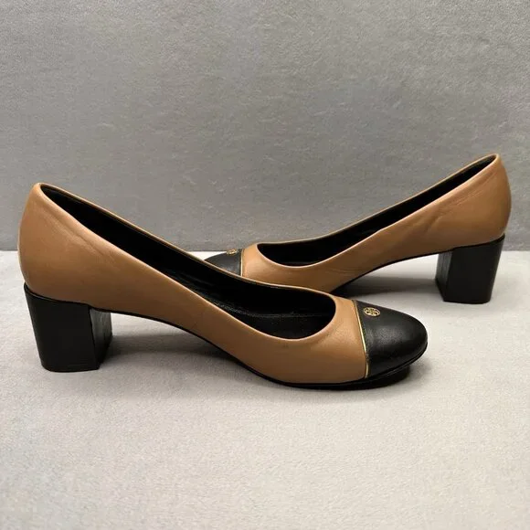 Tory Burch Ethel Two-Tone Tan and Black Leather Block Heel Pumps - Picture 5 of 10